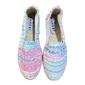 NWOB Manebi Luxury Tweed Woven Slip On Espadrilles Pink Blue Pastel Boho Size 38